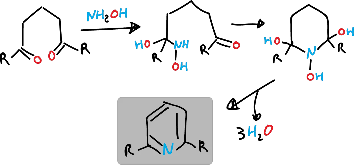Synthesis of pyridine from 1,5-dicarbonyl compounds and hydroxylamine