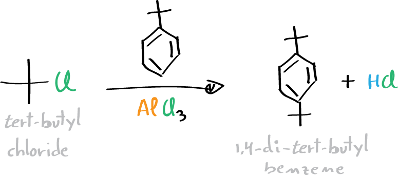 Obtaining t-butyl chloride for the synthesis of 1,4-di-t-butylbenzene - general reaction scheme - Synthesis of 1,4-di-tert-butylbenzene from tert-bytyl chloride and tert-butylbenzene (Friedel-Craft alkylation)