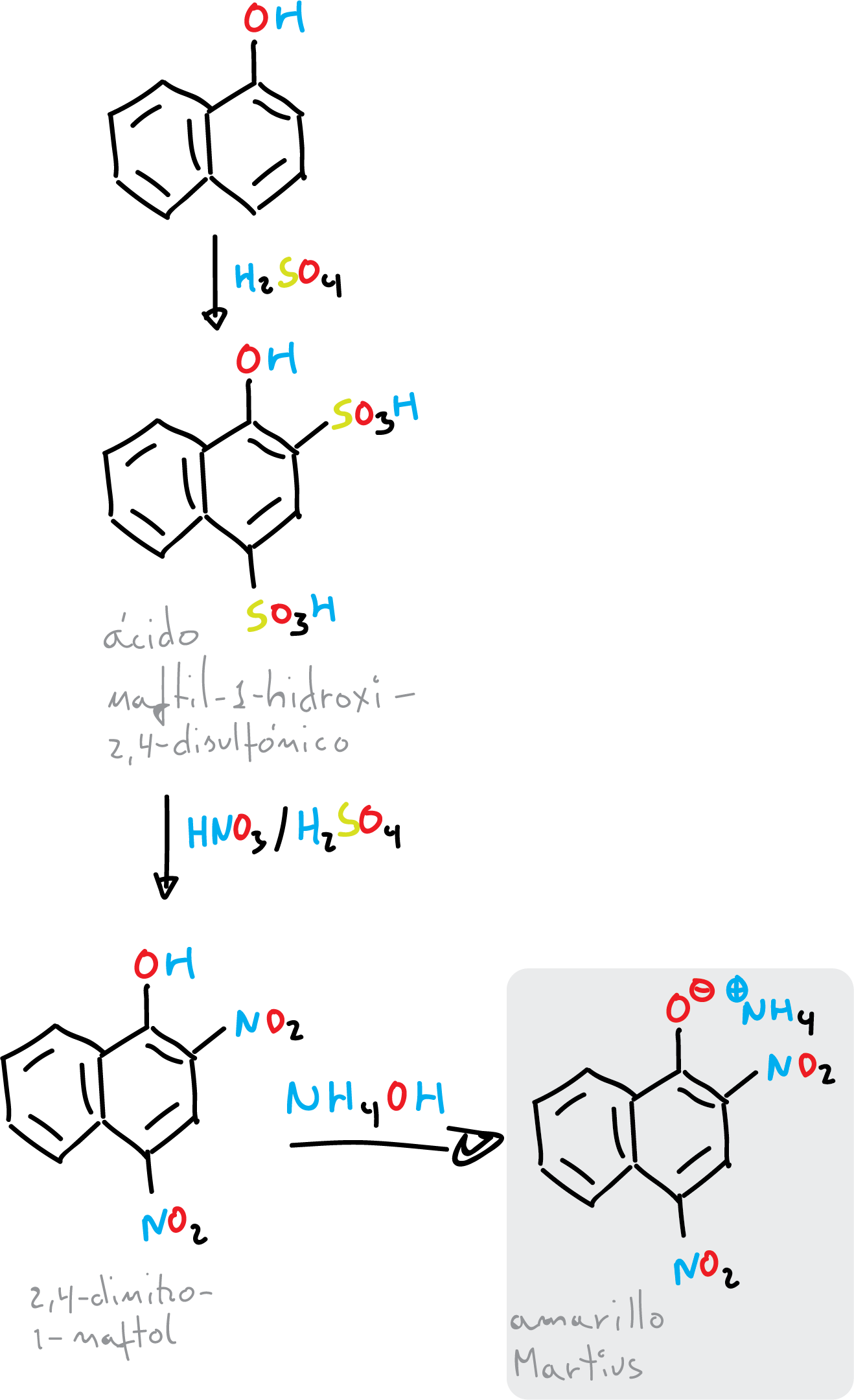 synthesis martius yellow dye 1-naphthol 2,4-dinitro-1-naphthol nitration sulphonation hydroxylamine ammonium salt XTWUZSGBAZWJJK-UHFFFAOYSA-N