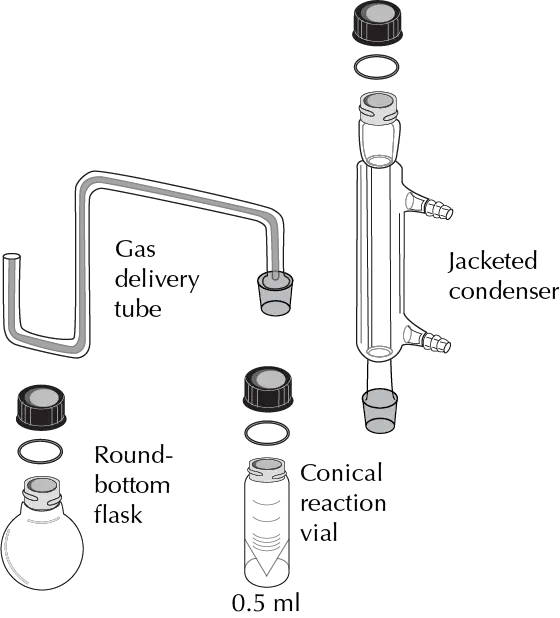 ACE-Mayo Microscale Equipment - gas generator tube, round-bottom flask, conical vial and condenser