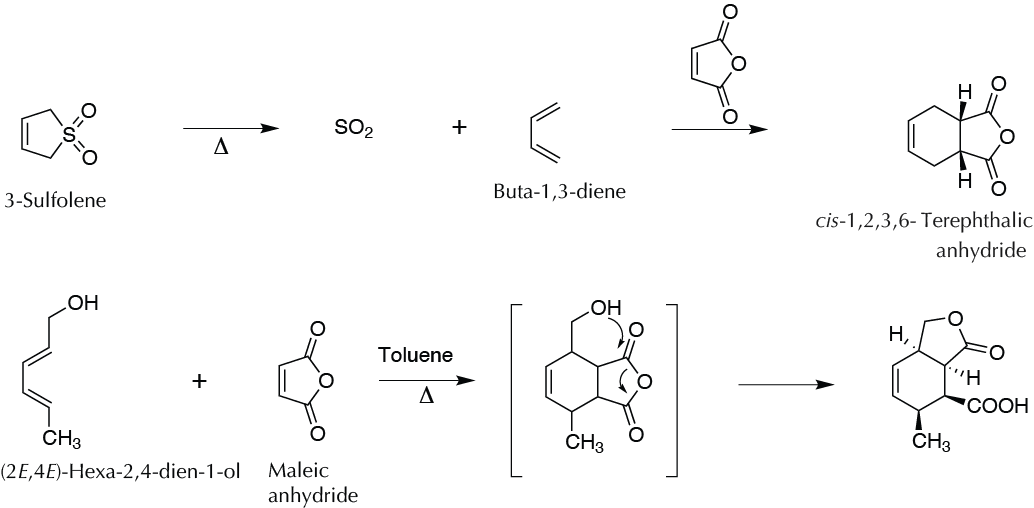 Diels-Alder reaction: a) generation of buta-1,3-diene from 3-sulfolene and reaction with maleic anhydride. b) [4+2] cycloaddition between (2E,4E)-hexa-2,4-dien-1-ol and maleic anhydride