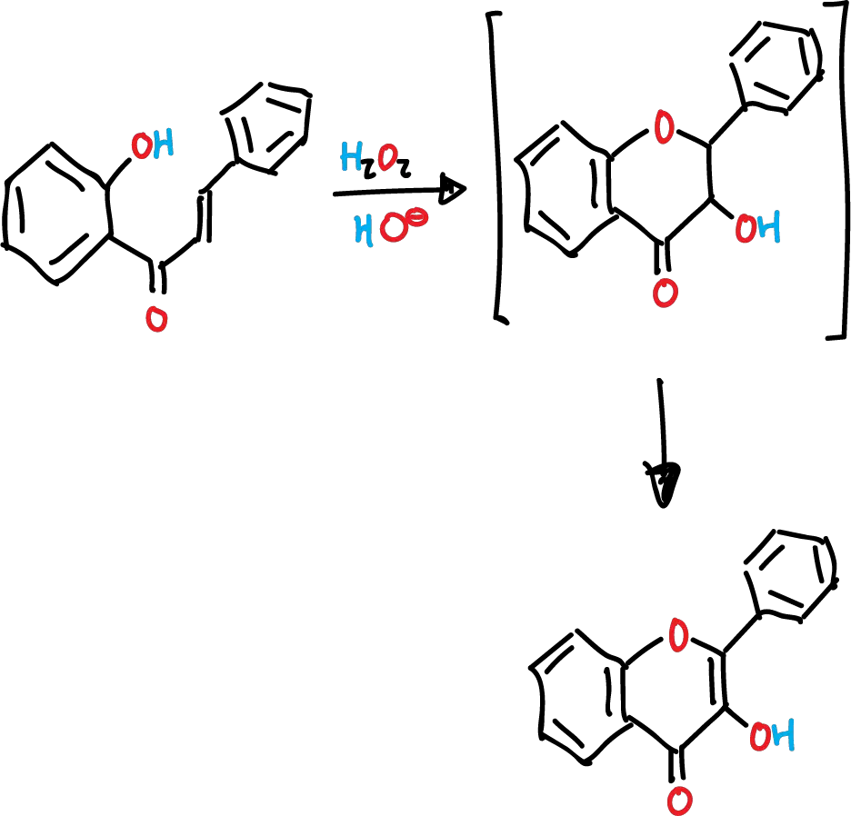 Algar-Flynn-Oyamada - reaction scheme - flavone - chalcone - hydrogen peroxide H2O2 - Algar-Flynn oxidation - Algar-Flynn-Oyamada oxidation - AFO reaction - Algar-Flynn-Oyamada condensation - AFO cyclization