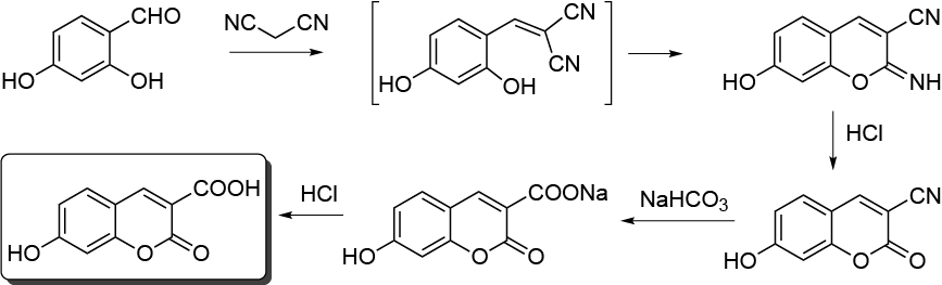 Synthesis of 7-hydroxy-3-carboxycoumarin - general reaction scheme