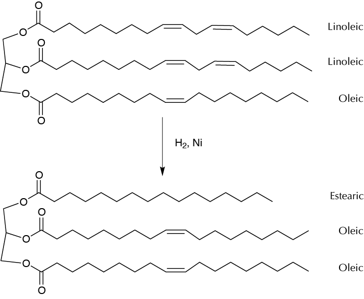 Partial hydrogenation of a vegetable oil with cyclohexene and Pd(C) (margarine production)